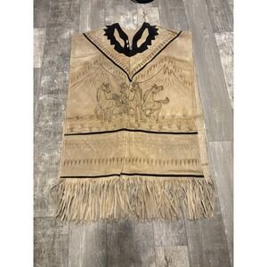 Vintage Hand-Tooled Suede Leather Poncho Cape Fringe Horse Scene  Folk Art‎